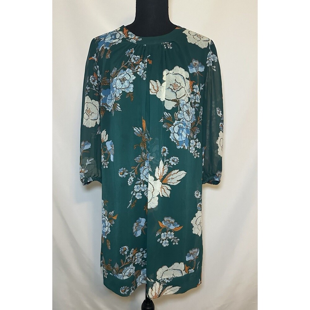 New York & Co Eva Mendes‎ Green Floral 3/4 Sheer Sleeve Dress Women's MEDIUM